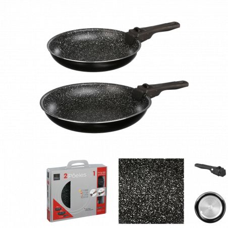 Lot de 2 poêles pierre 24 et 28 cm + poignée amovible Secret de Gourmet