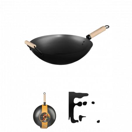 Wok acier carbone 35 cm avec manche en bois Secret de Gourmet
