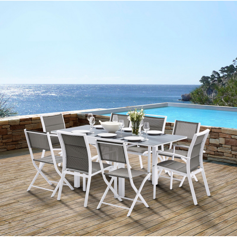 Salon de jardin Ensemble Modulo T 4 / 8 + F 4 + C 4 Full Verre Blanc