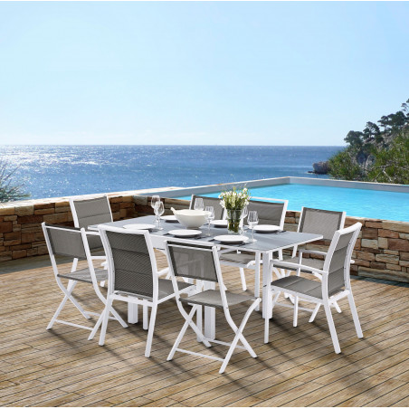 Salon de jardin Ensemble Modulo T 4 / 8 + F 4 + C 4 Full Verre Blanc