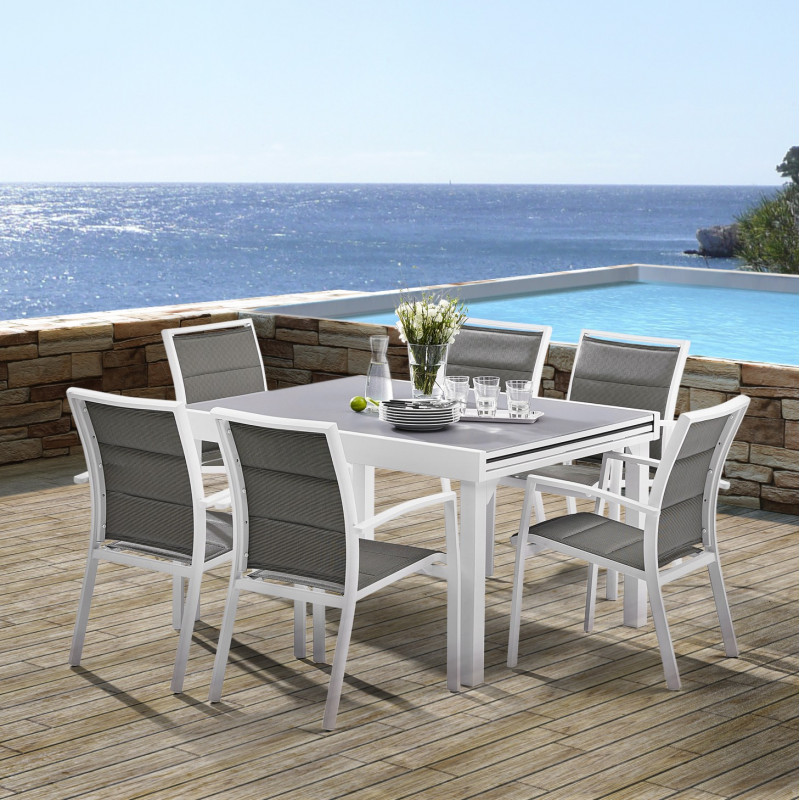 Salon de jardin Ensemble Modulo T 6 / 10 + F 6 Full Verre Blanc