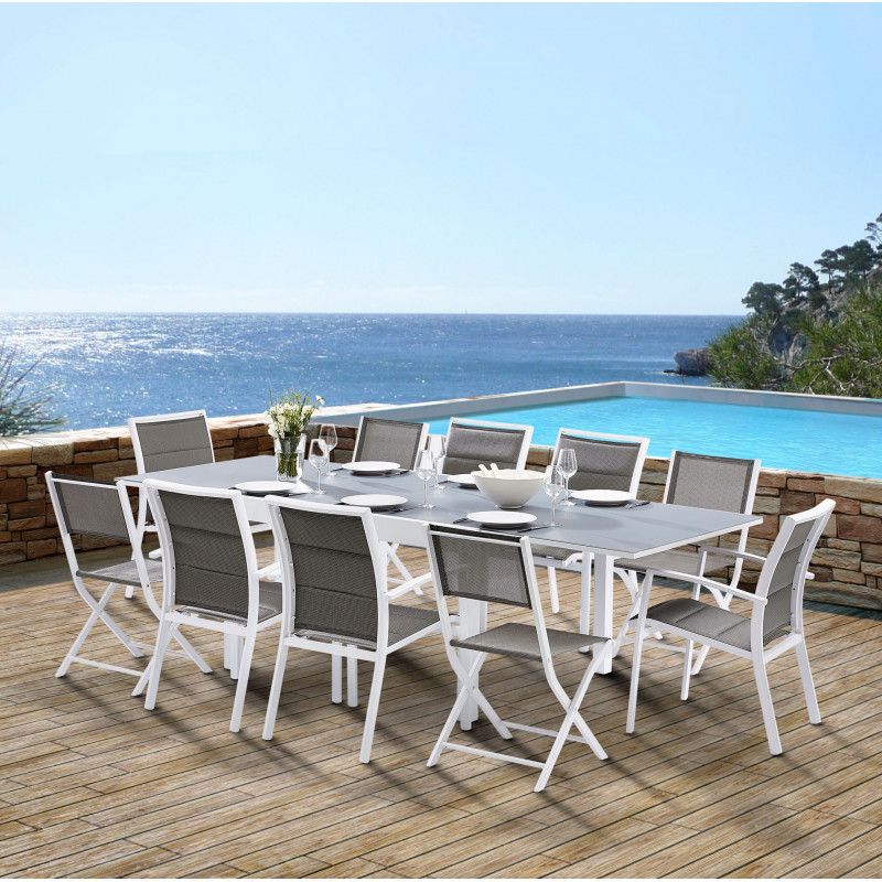 Salon de jardin Ensemble Modulo T 6/10 + F 6 + C 4 Full Verre Blanc
