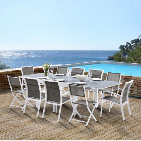 Salon de jardin Ensemble Modulo T 6/10 + F 6 + C 4 Full Verre Blanc