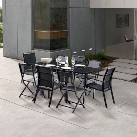 Salon de jardin Ensemble Modulo T 4 / 8 + F 4 + C 4 Full Verre Noir