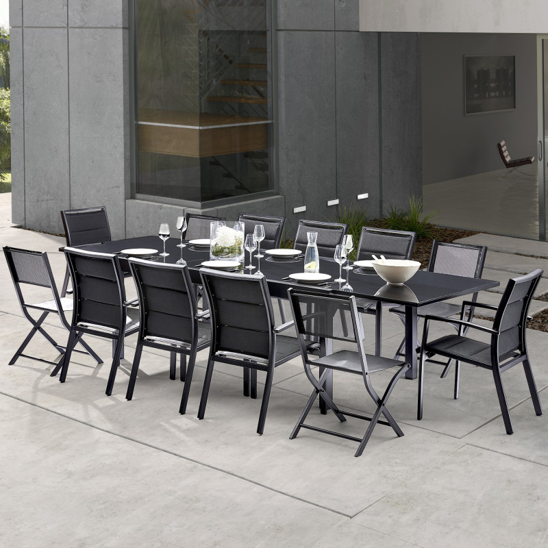 Salon de jardin Ensemble Modulo T 8/12 + F 8 + C 4 Full Verre Noir