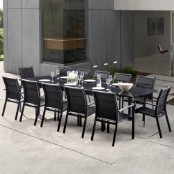 Salon de jardin Ensemble Modulo T 8/12 + F 12 Full Verre Noir