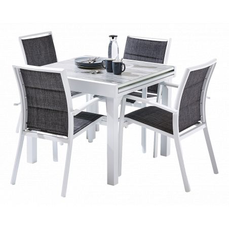 Salon de jardin Ensemble ModuloWood T4/8+F4 Verre Déco Bois Blanc Wilsa Garden