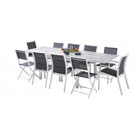 Salon de jardin Ensemble ModuloWood T 6/10 + F 6 + C 4 Verre Déco Bois Blanc Blanc Wilsa Garden
