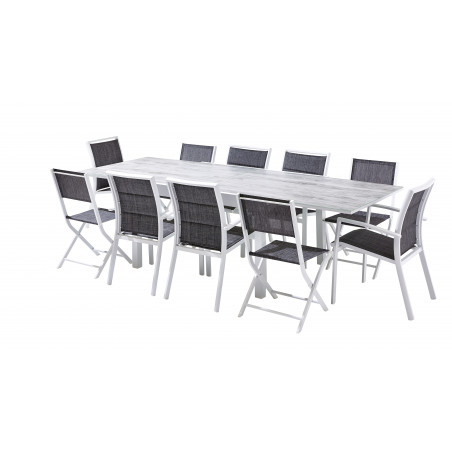Salon de jardin Ensemble ModuloWood T 6/10 + F 6 + C 4 Verre Déco Bois Blanc Blanc Wilsa Garden