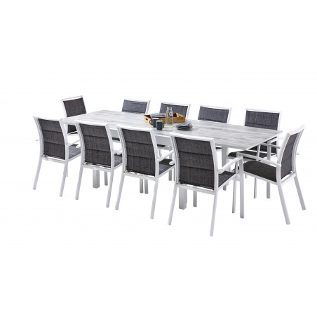 Salon de jardin Ensemble ModuloWood T 6/10 + F 10 Verre Déco Bois Blanc Wilsa Garden