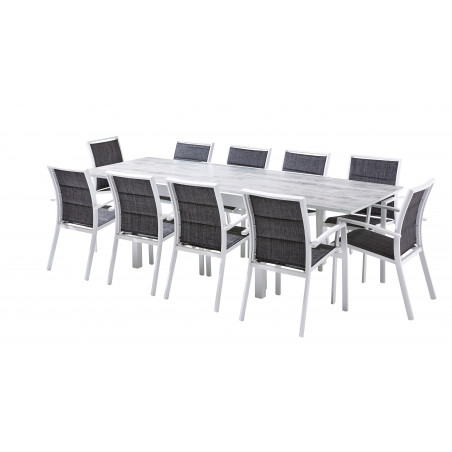 Salon de jardin Ensemble ModuloWood T 6/10 + F 10 Verre Déco Bois Blanc Wilsa Garden
