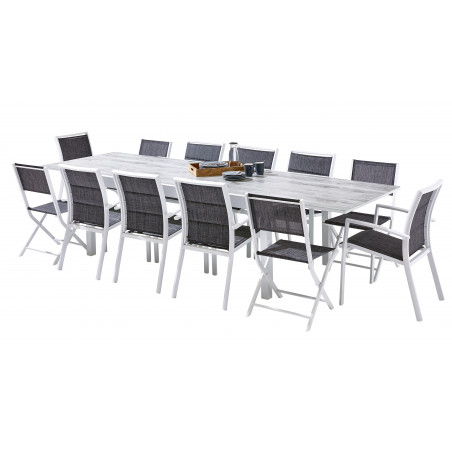 Salon de jardin Ensemble ModuloWood T 8/12 + F 8 + C 4 Verre Déco Bois Blanc Wilsa Garden