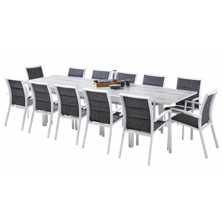 Salon de jardin Ensemble ModuloWood T 8/12 + F 12 Verre Déco Bois Blanc Wilsa Garden