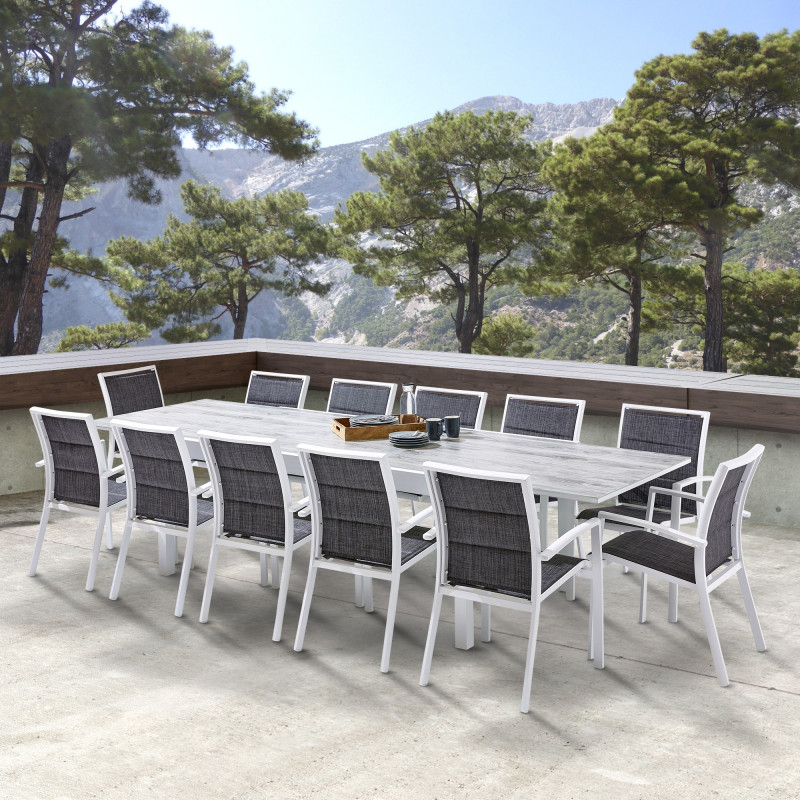 Salon de jardin Ensemble ModuloWood T 8/12 + F 12 Verre Déco Bois Blanc Wilsa Garden
