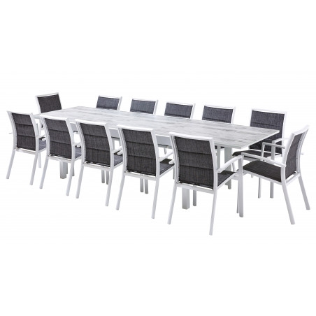 Salon de jardin Ensemble ModuloWood T 8/12 + F 12 Verre Déco Bois Blanc Wilsa Garden