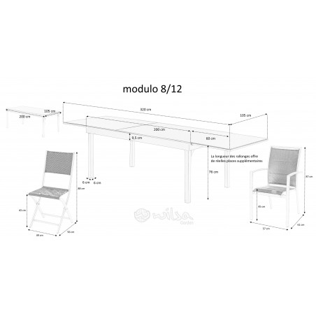 Salon de jardin Ensemble ModuloWood T 8/12 + F 8 Verre Déco Bois Blanc Wilsa Garden