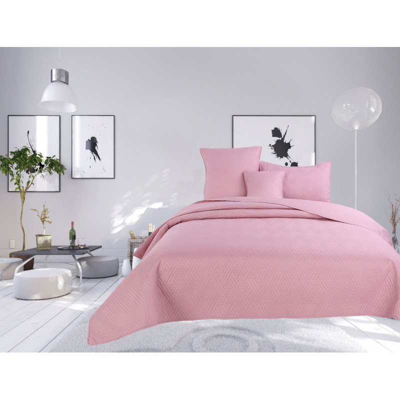Couvre lit boutis 4 pièces uni "piquage Métro" Rose poudré
