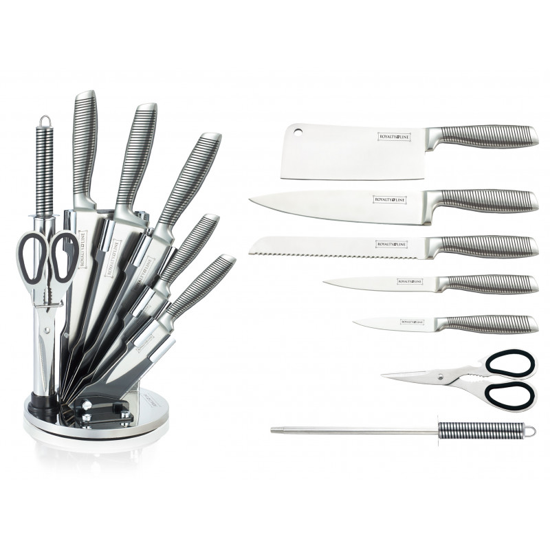 Ensemble couteaux 7 pièces + Support pliant et pivotant à 360° Silver/Noir Royalty Line