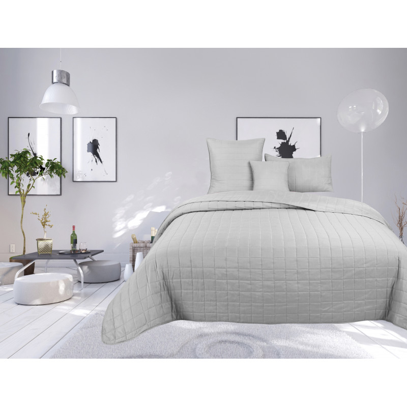 Couvre lit boutis matelassé 4 pièces uni "piquage Carreaux" Silver