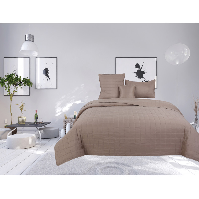 Couvre lit boutis matelassé 4 pièces uni "piquage Carreaux" Taupe