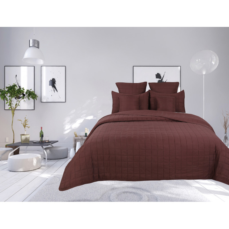 Couvre lit boutis matelassé 7 pièces uni "piquage Carreaux" Choco