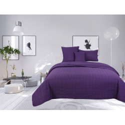 Couvre lit boutis matelassé 4 pièces uni "piquage Carreaux" Prune