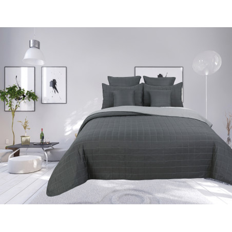 Couvre lit boutis matelassé 7 pièces bicolore "piquage Carreaux" Acier / Silver