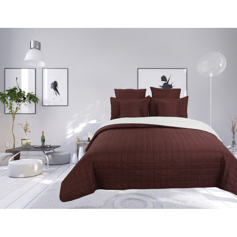 Couvre lit boutis matelassé 7 pièces bicolore "piquage Carreaux" Choco / Naturel