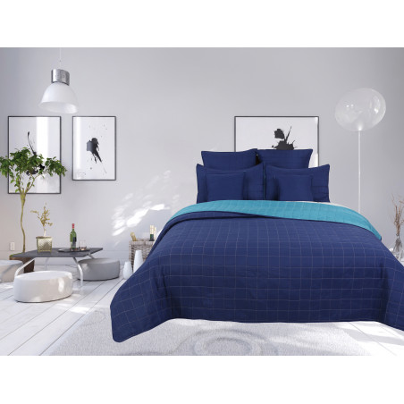 Couvre lit boutis matelassé 7 pièces bicolore "piquage Carreaux" Navy / Turquoise