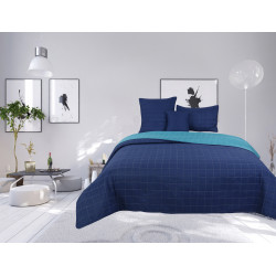 Couvre lit boutis matelassé 4 pièces bicolore "piquage Carreaux" Navy / Turquoise