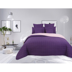Couvre lit boutis matelassé 7 pièces bicolore "piquage Carreaux" Prune / Rose poudré