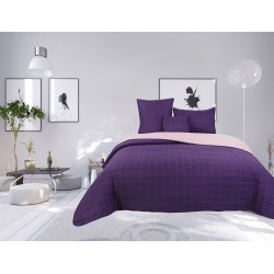 Couvre lit boutis matelassé 4 pièces bicolore "piquage Carreaux" Prune / Rose poudré