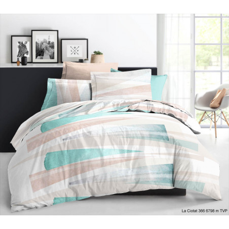 Pack complet La Ciotat Turquoise housse de couette pour lit 160 x 200 cm 100% coton / 57 fils/cm²