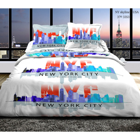 Pack complet NY Skyline Bleu housse de couette pour lit 160 x 200 cm 100% coton / 57 fils/cm²
