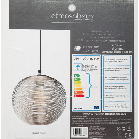 Suspension boule métal "Kiru" argent Diamètre 25 cm Atmosphera