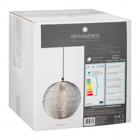 Suspension boule métal "Kiru" argent Diamètre 25 cm Atmosphera