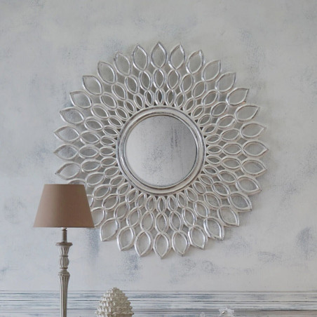 Miroir "Fleur" argent & bois sculpté Diamètre 90 cm Atmosphera