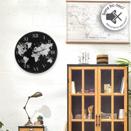 Horloge "Monde" noire, métal Diamètre 57 cm Atmosphera
