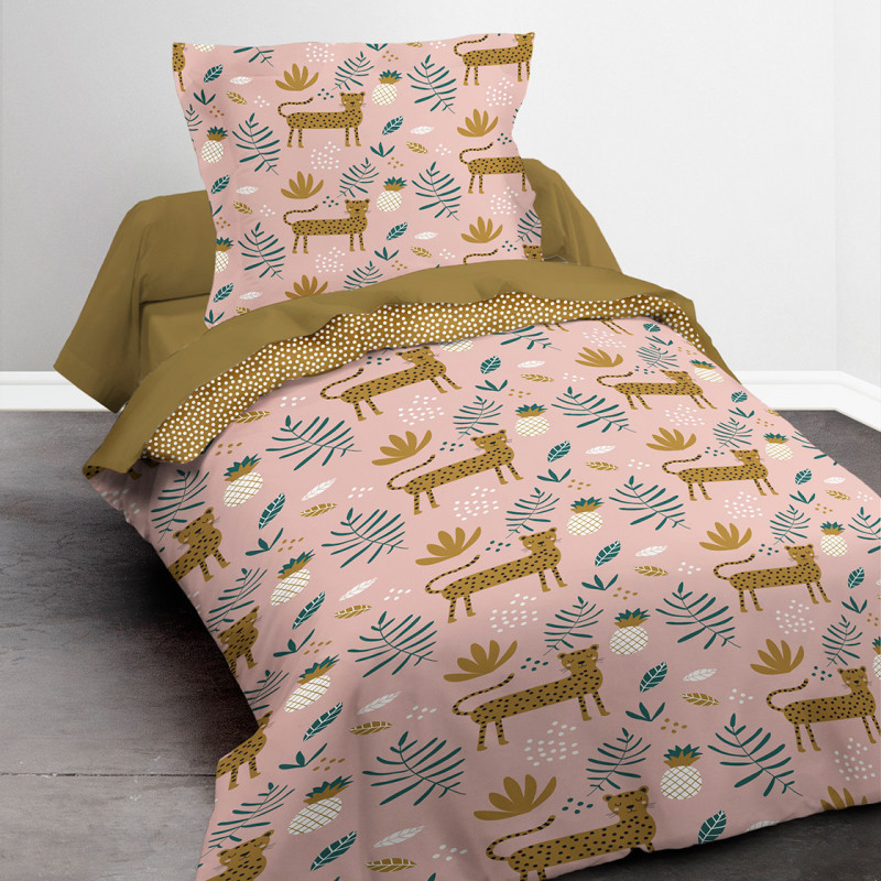 Parure de couette 140 x 200 "Safari rose" 100% Coton / 57 Fils/cm²