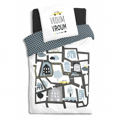 Parure de couette 140 x 200 "Route" Réversible 100% Coton / 57 Fils/cm²