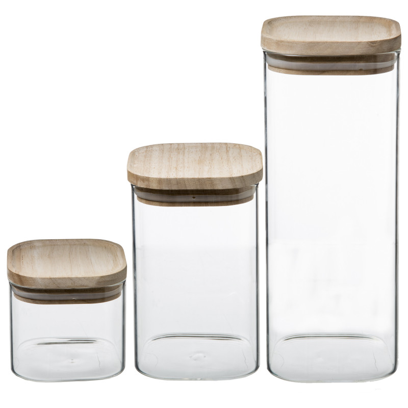 Lot de 3 Bocaux de rangement en verre et bois couvercle hermétique empilable Atmosphera