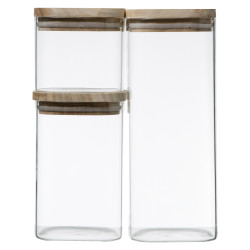 Lot de 3 Bocaux de rangement en verre et bois couvercle hermétique empilable Atmosphera