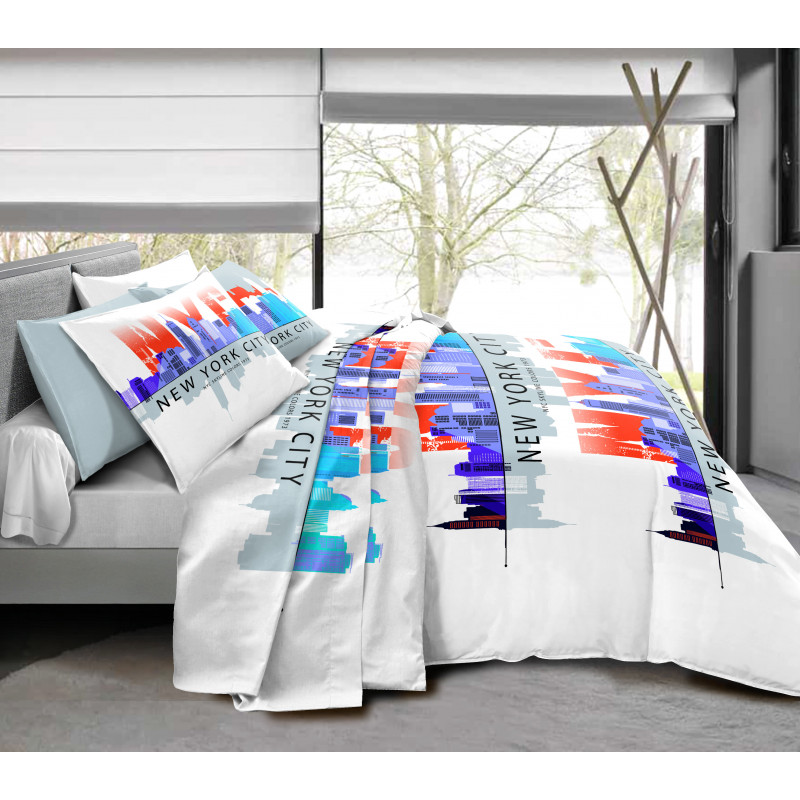 Pack complet NY Skyline Bleu housse de couette pour lit 160 x 200 cm 100% coton / 57 fils/cm²