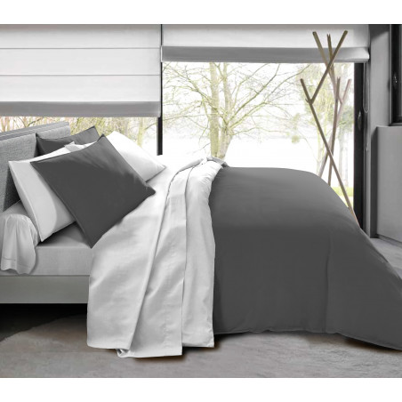 Pack complet 6 pièces Anthracite/Blanc housse de couette pour lit 180 x 200 cm "King size" 100% coton / 57 fils/cm²