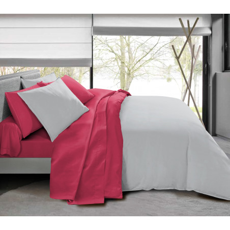 Pack complet 6 pièces Gris/Fushia housse de couette pour lit 140 x 190 cm 100% coton / 57 fils/cm²