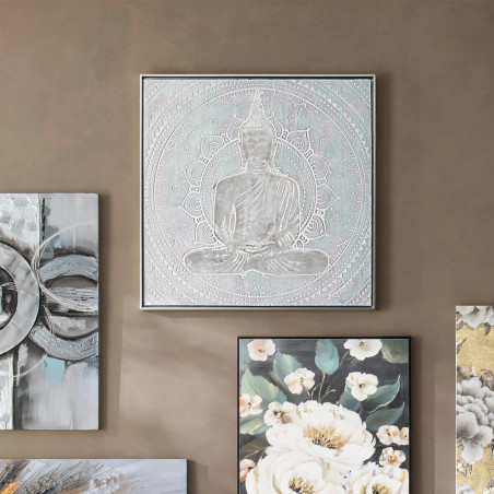 Toile peinte relief Encadrée "Boudha" Argenté 78 x 78 cm Atmosphera