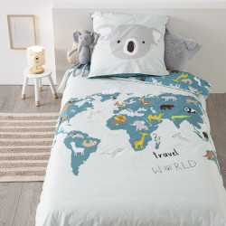Parure de couette 140 x 200 "Carte Monde" Réversible 100% Coton / 57 Fils/cm²