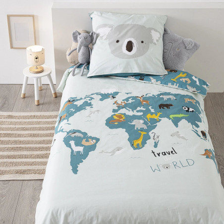 Parure de couette 140 x 200 "Carte Monde" Réversible 100% Coton / 57 Fils/cm²