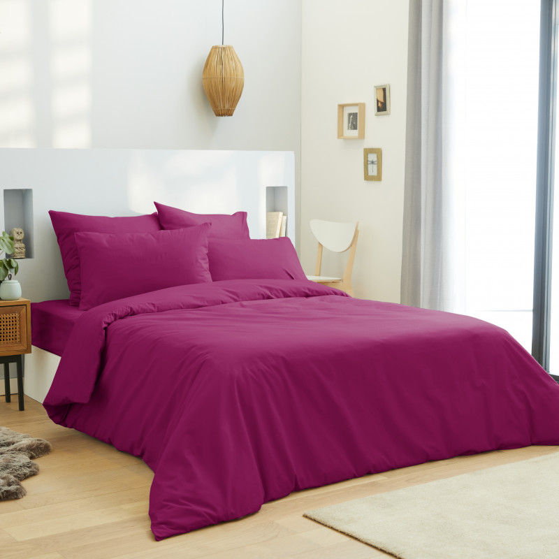 Housse de couette 240 x 220 unie rose fushia 100% Coton / 57 Fils/cm²