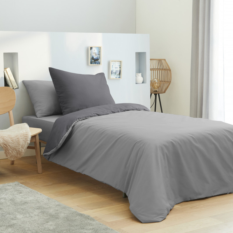 Pack complet 4 pièces Gris/Anthracite housse de couette pour lit 90 x 190 cm 100% coton / 57 fils/cm²